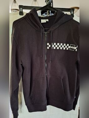 Vans Black Zip Hoodie Small Checkered Logo Off The Wall Graphic Sweatshirt